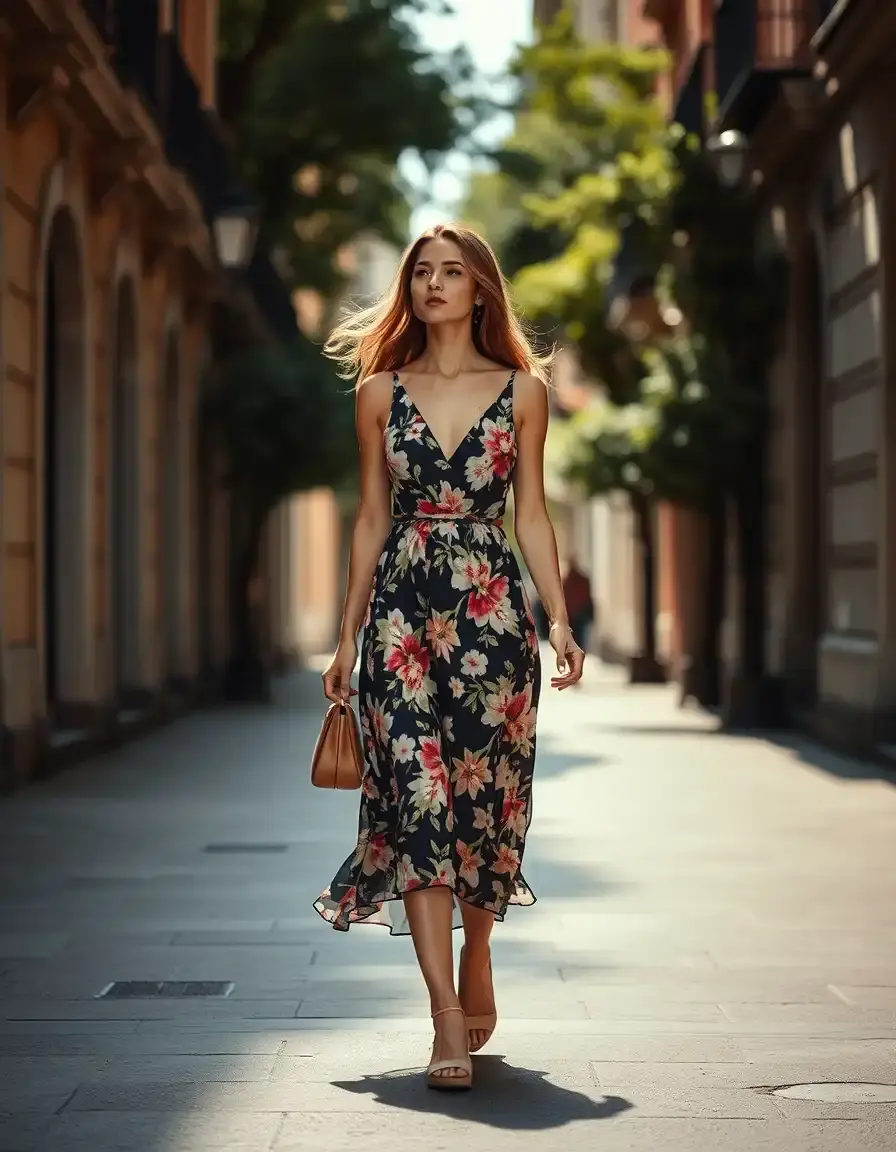 Mujer con vestido midi mujer floral caminando con elegancia en la ciudad