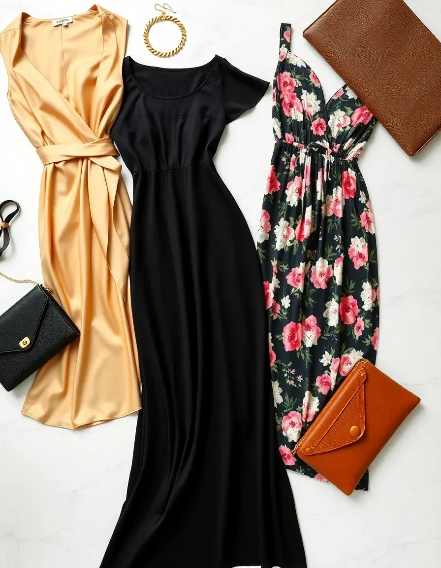Colección de vestidos elegantes incluyendo estilos midi, florales y de seda sobre fondo de mármol.