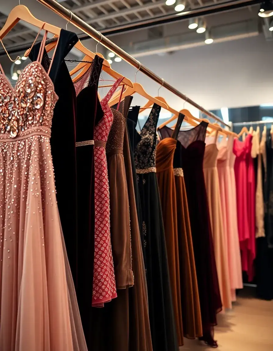 Selección de vestidos de fiesta elegantes en una boutique moderna con iluminación cálida.