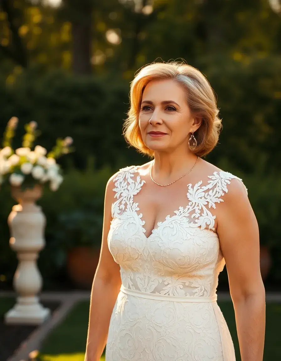 Mujer elegante de 50 años luciendo un vestido midi de encaje en una boda