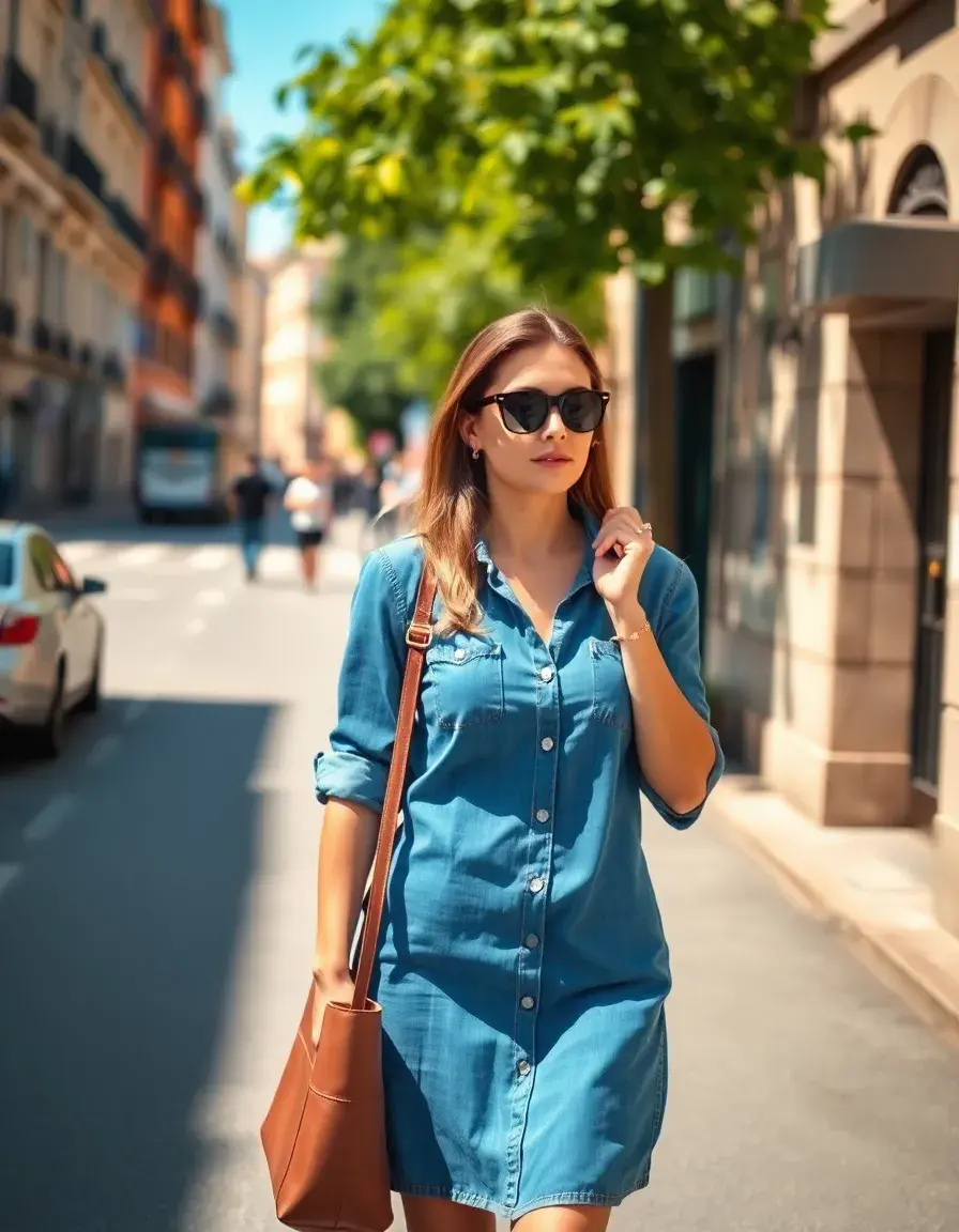 Mujer luciendo un vestido vaquero estilo camisero en una calle soleada