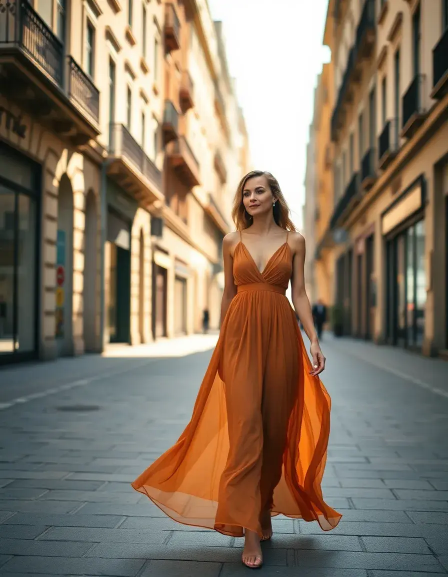 Mujer elegante vistiendo un vestido maxi de gasa en color nude en una calle soleada