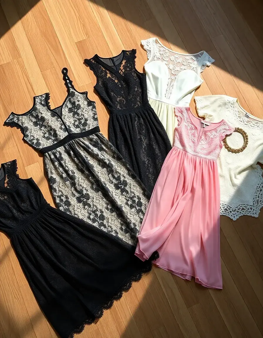Colección de vestidos de encaje elegantes en diferentes colores y estilos sobre fondo neutro