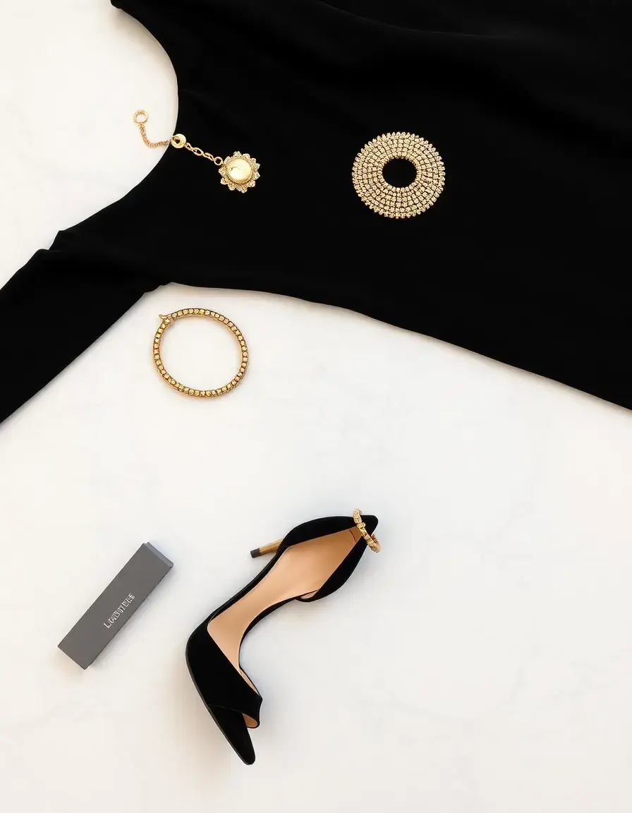 Vestido negro elegante con accesorios dorados y tacones en un fondo de mármol