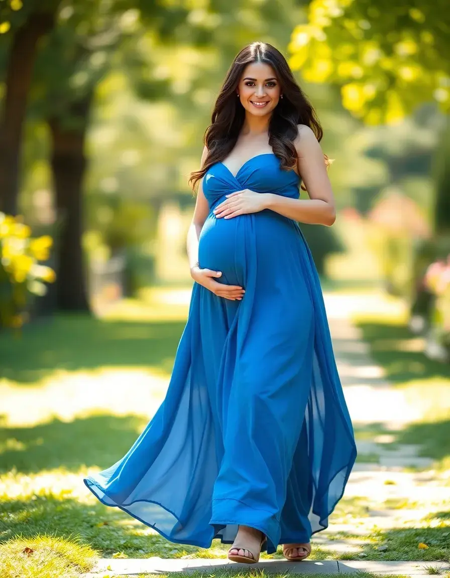 Mujer embarazada luciendo un vestido premamá estilo maxi en color azul en un jardín soleado.