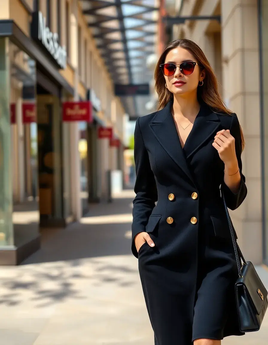 Mujer elegante vistiendo un vestido blazer negro entallado en una calle urbana.