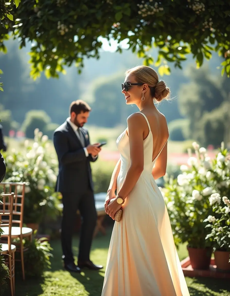 Mujer elegante luciendo un vestido de boda invitada en una ceremonia al aire libre