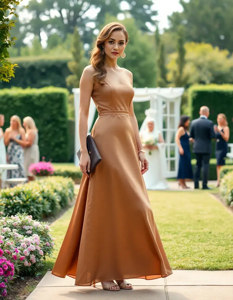 Mujer elegante con vestido de invitada midi en una fiesta de jardín