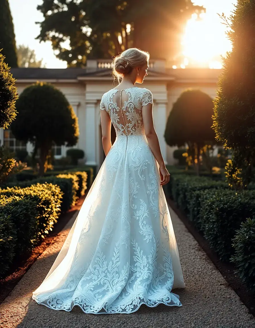 Novia radiante con vestido de encaje caminando por un jardín soleado