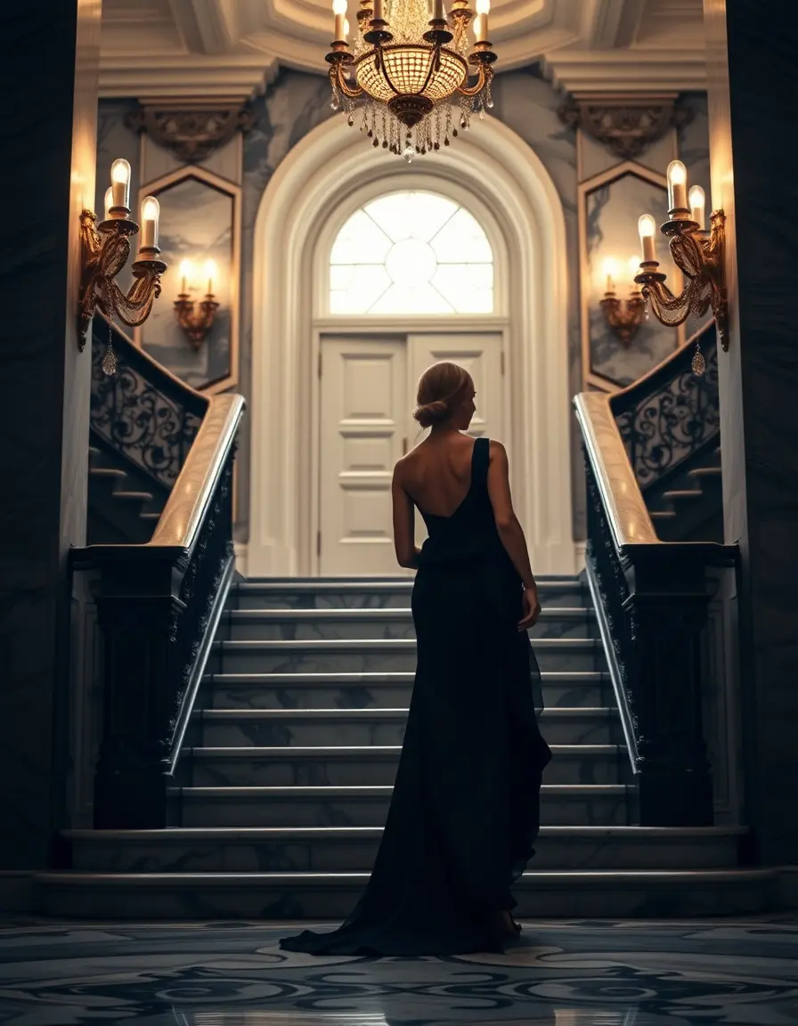 Mujer elegante con vestido largo negro en un salón de lujo