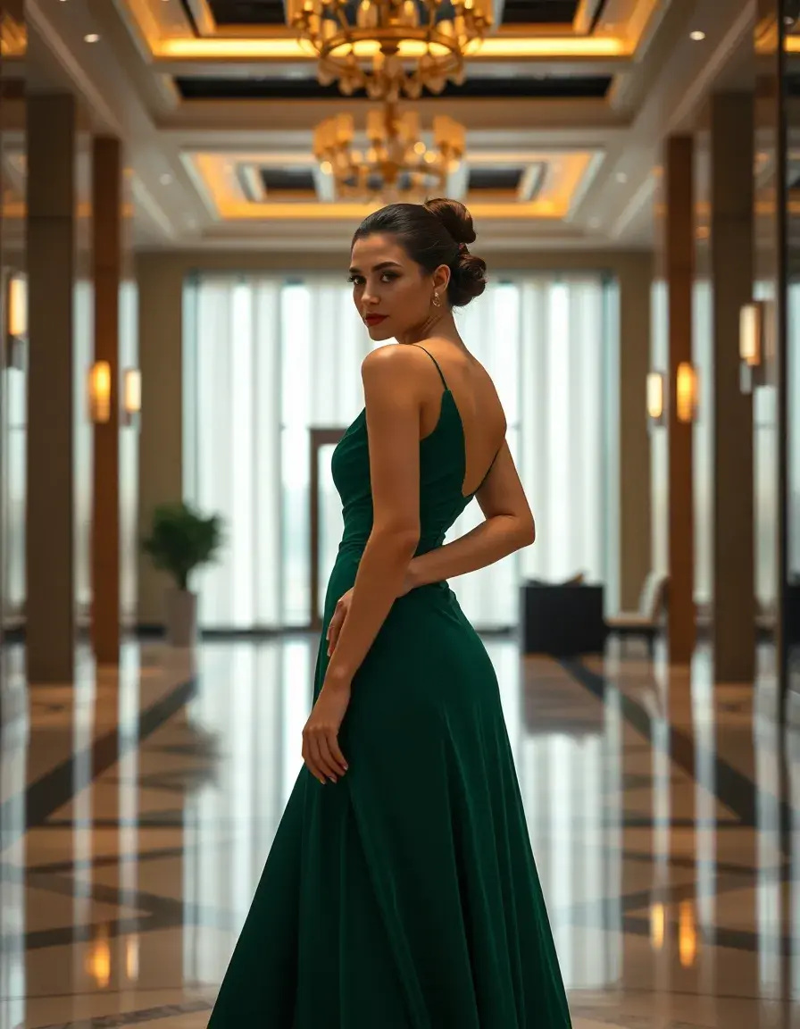 Mujer elegante luciendo un vestido de fiesta manga larga verde esmeralda