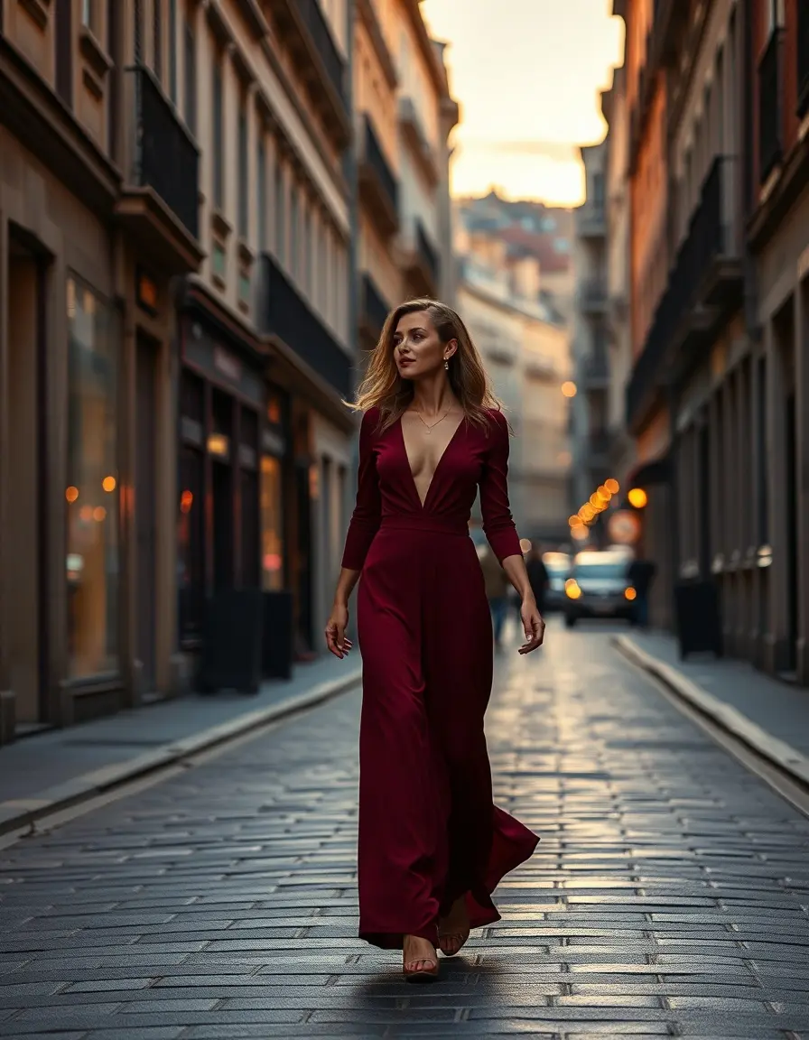 Mujer elegante caminando con un vestido granate largo en una calle soleada