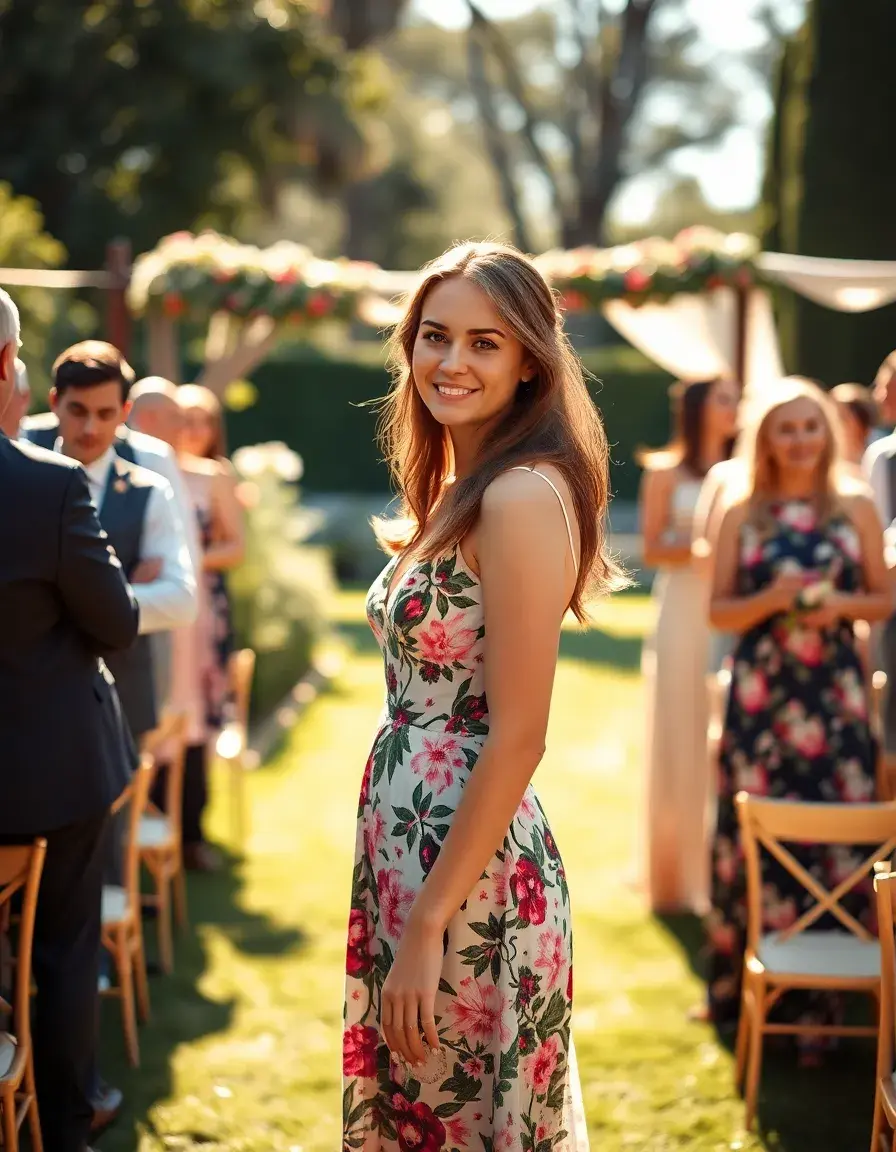 Mujer elegante con vestido invitada boda dia floral en un jardín soleado