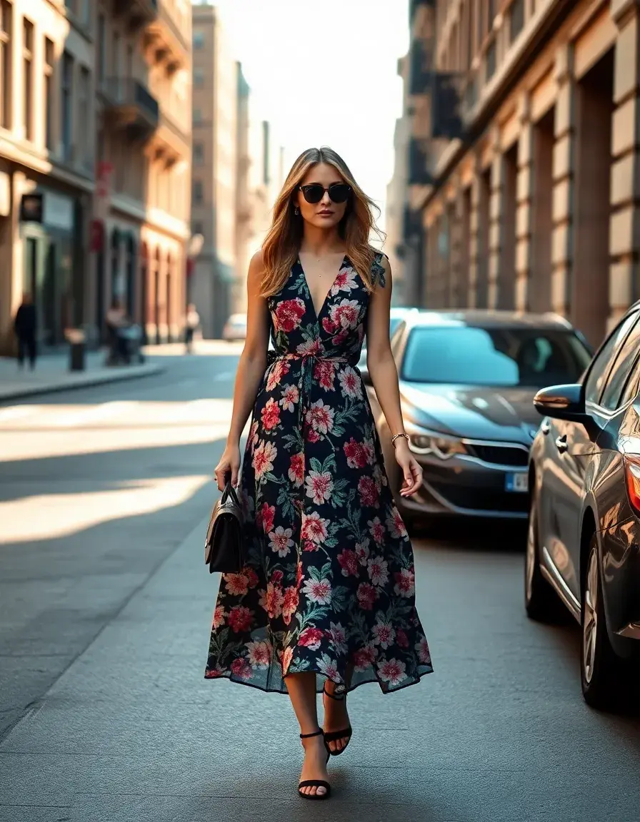 Mujer elegante caminando con un vestido midi floral fluido en una calle soleada