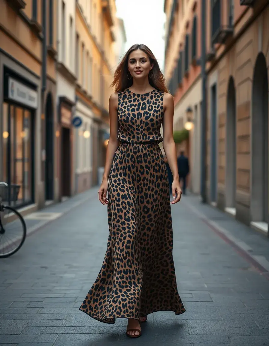 Mujer elegante con vestido leopardo de corte maxi caminando por la ciudad