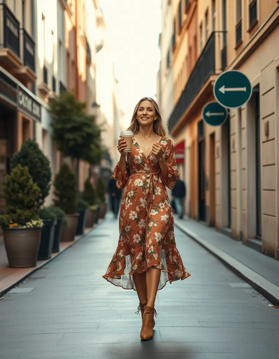 Mujer luciendo un elegante vestido mangas largas mujer de estilo floral en la ciudad