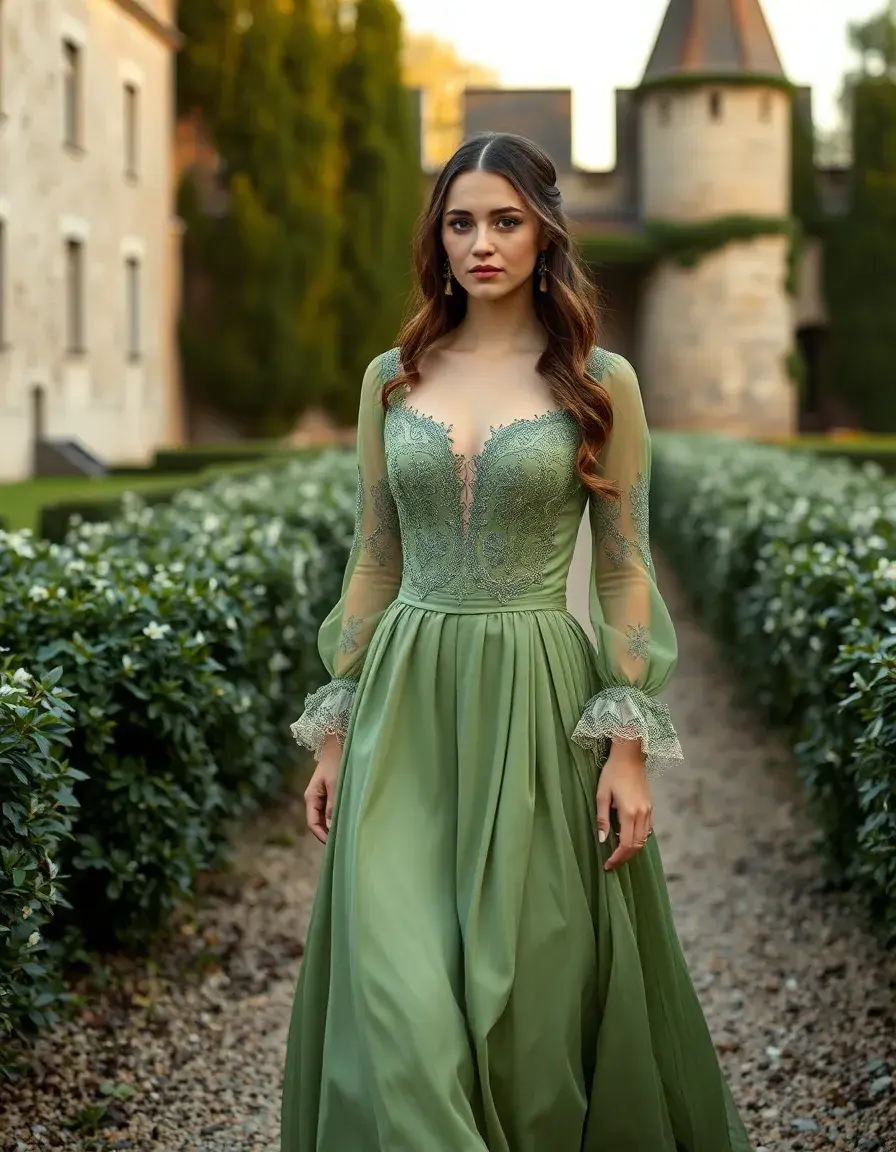 Mujer luciendo un elegante vestido medieval mujer de terciopelo verde en un jardín antiguo.