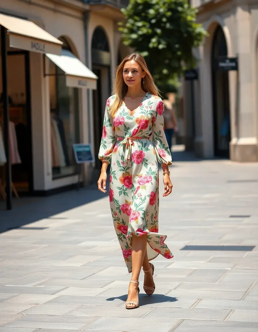Mujer elegante luciendo un vestido midi manga larga floral en una calle soleada.