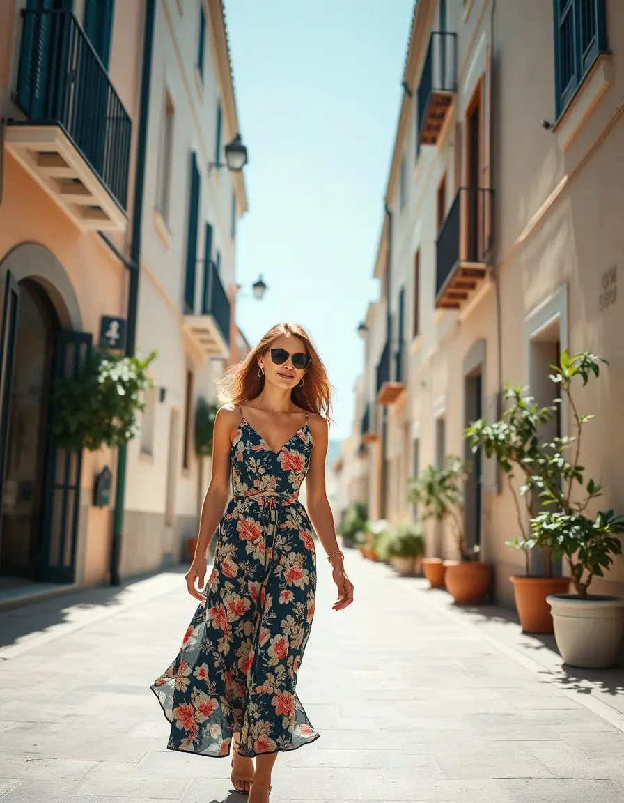 Mujer elegante con vestido midi mujer de flores en una calle soleada