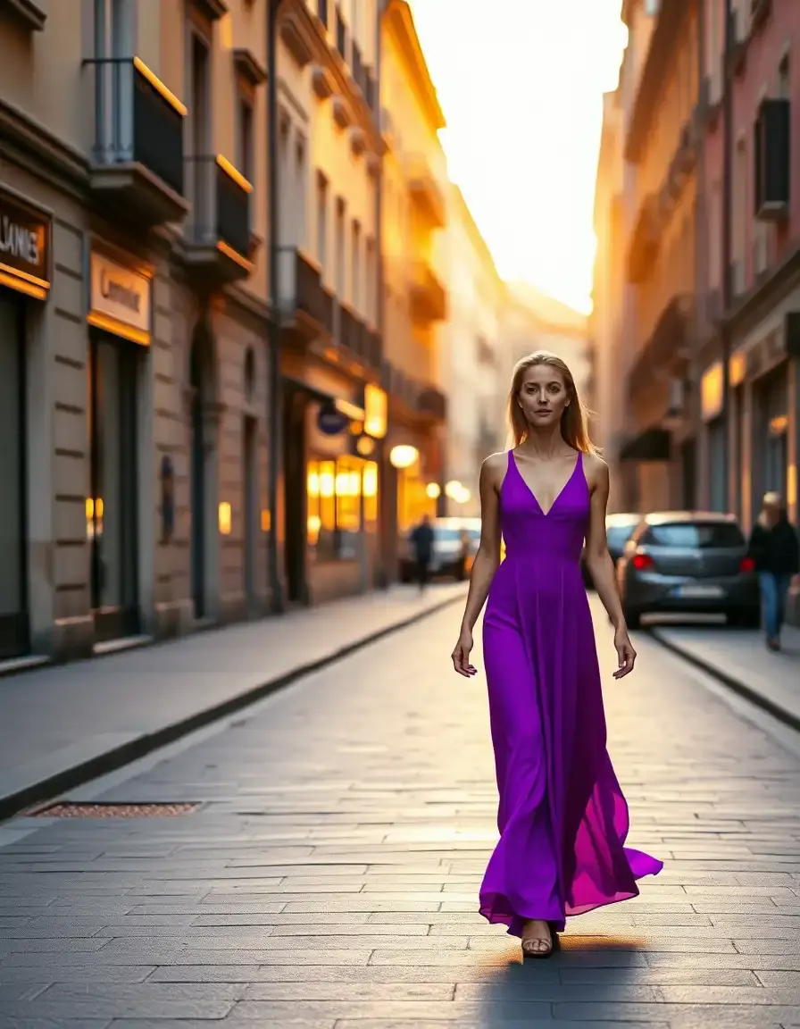 Mujer elegante con un vestido morado largo caminando por una calle soleada