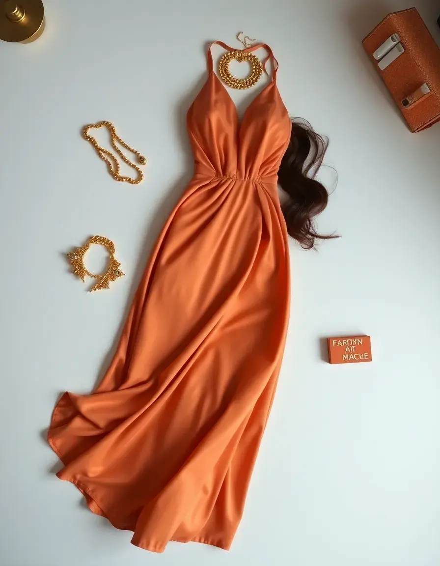 Elegante vestido de fiesta rodeado de accesorios dorados en una boutique de lujo