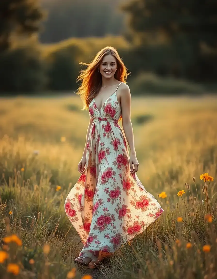 Mujer luciendo un vestido largo floral de estilo bohemio en un atardecer
