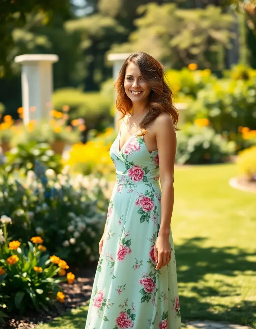 Mujer elegante con vestido de invitada de boda floral en un jardín