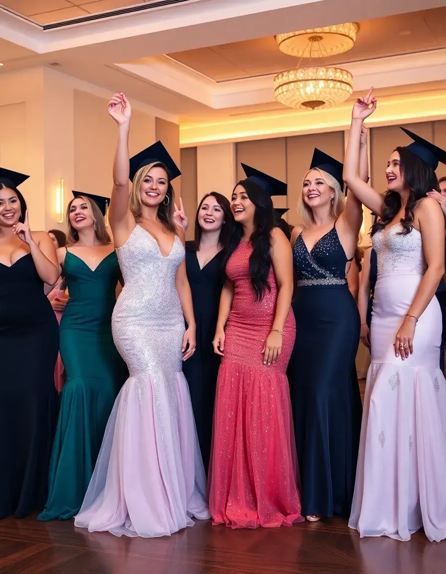 Mujeres jóvenes celebrando con elegantes vestidos de graduación en un salón de eventos