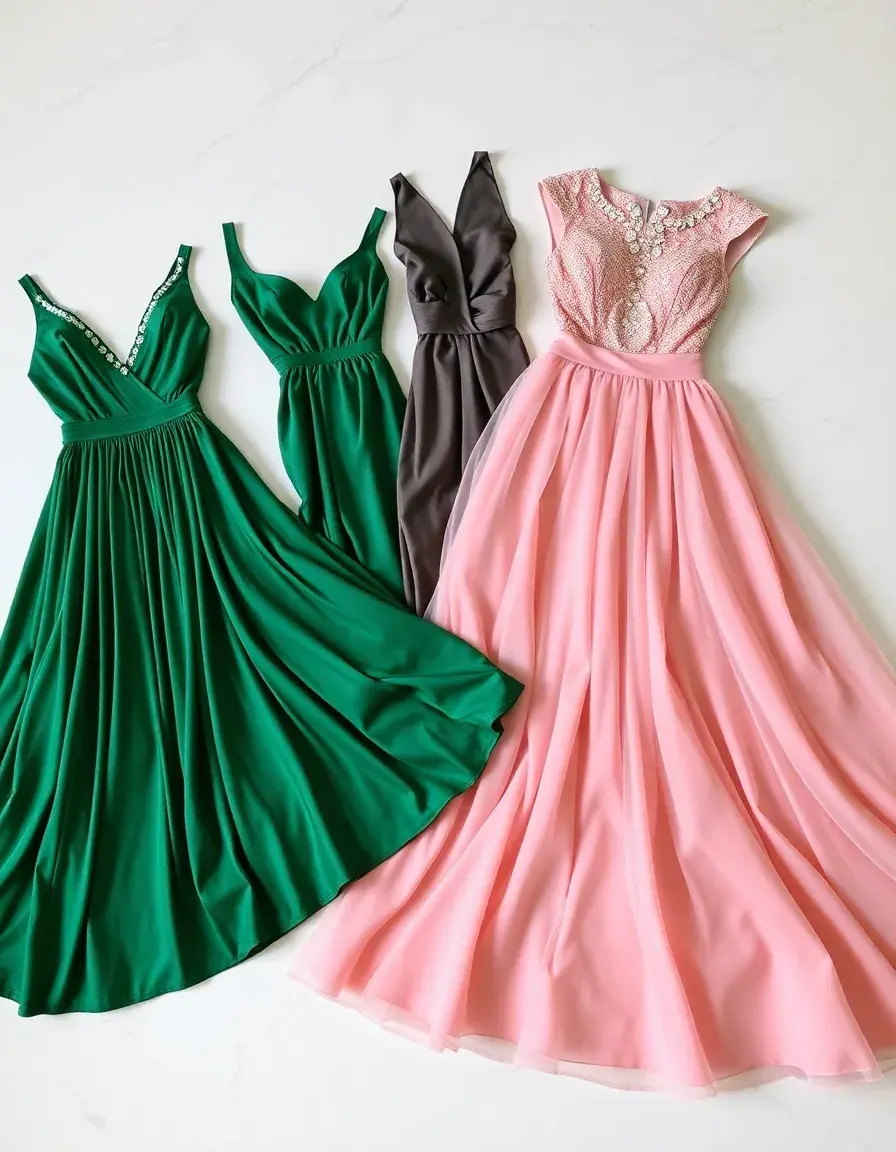 Colección de vestidos elegantes de diferentes estilos y colores sobre fondo claro
