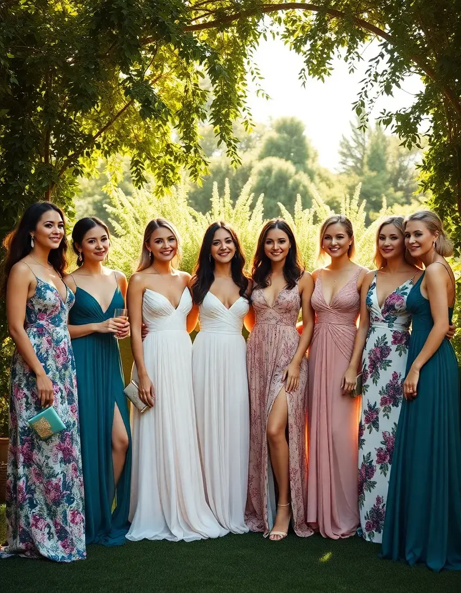 Grupo de mujeres elegantes con vestidos de invitada en una boda de jardín