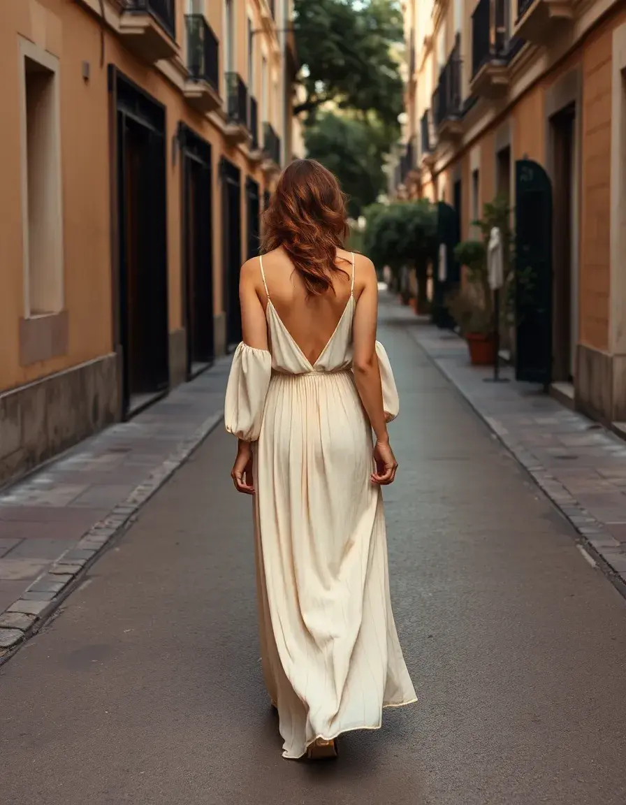 Mujer luciendo un elegante vestido largo fluido con estilo bohemio en la ciudad