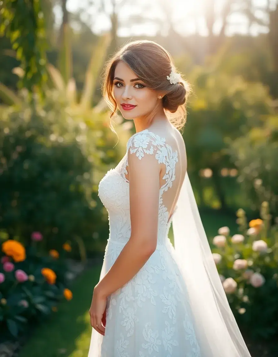 Novia luciendo un romántico vestido de encaje en un jardín iluminado