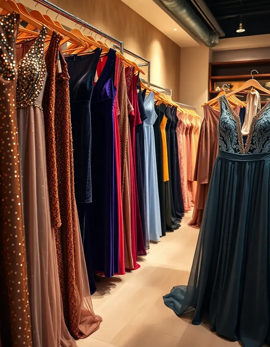 Colección de vestidos de fiesta elegantes para mujer en una boutique de lujo