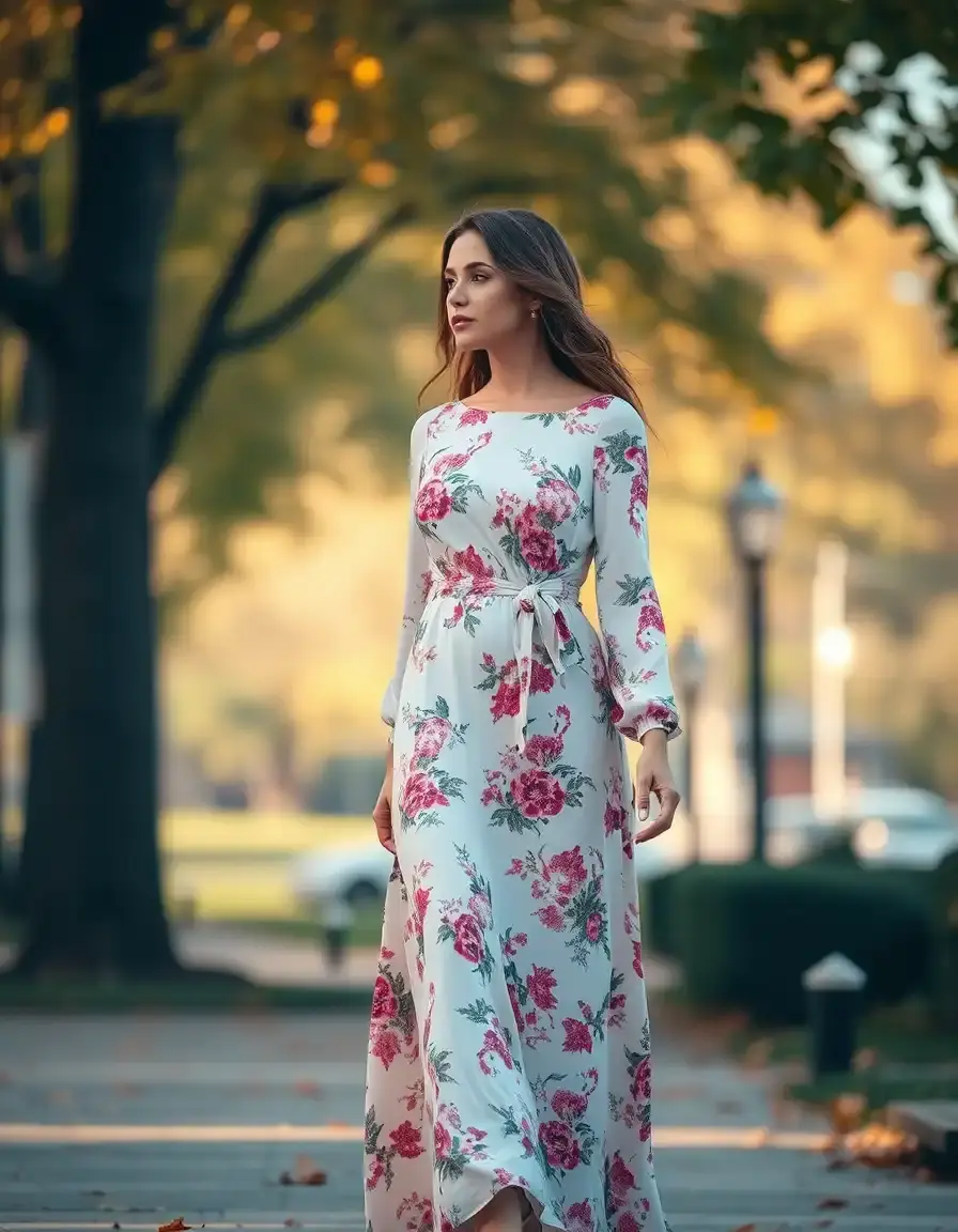 Mujer luciendo un vestido manga larga estampado en un parque otoñal