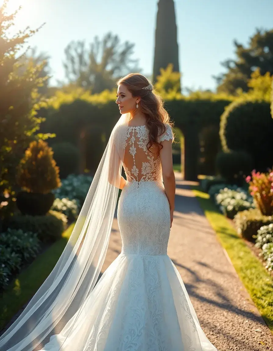 Novia luciendo un elegante vestido de boda con encaje en un jardín soleado