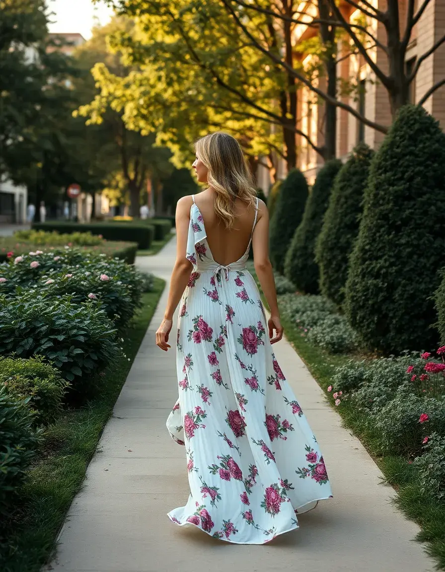 Mujer elegante caminando con un vestido largo de flores en un jardín