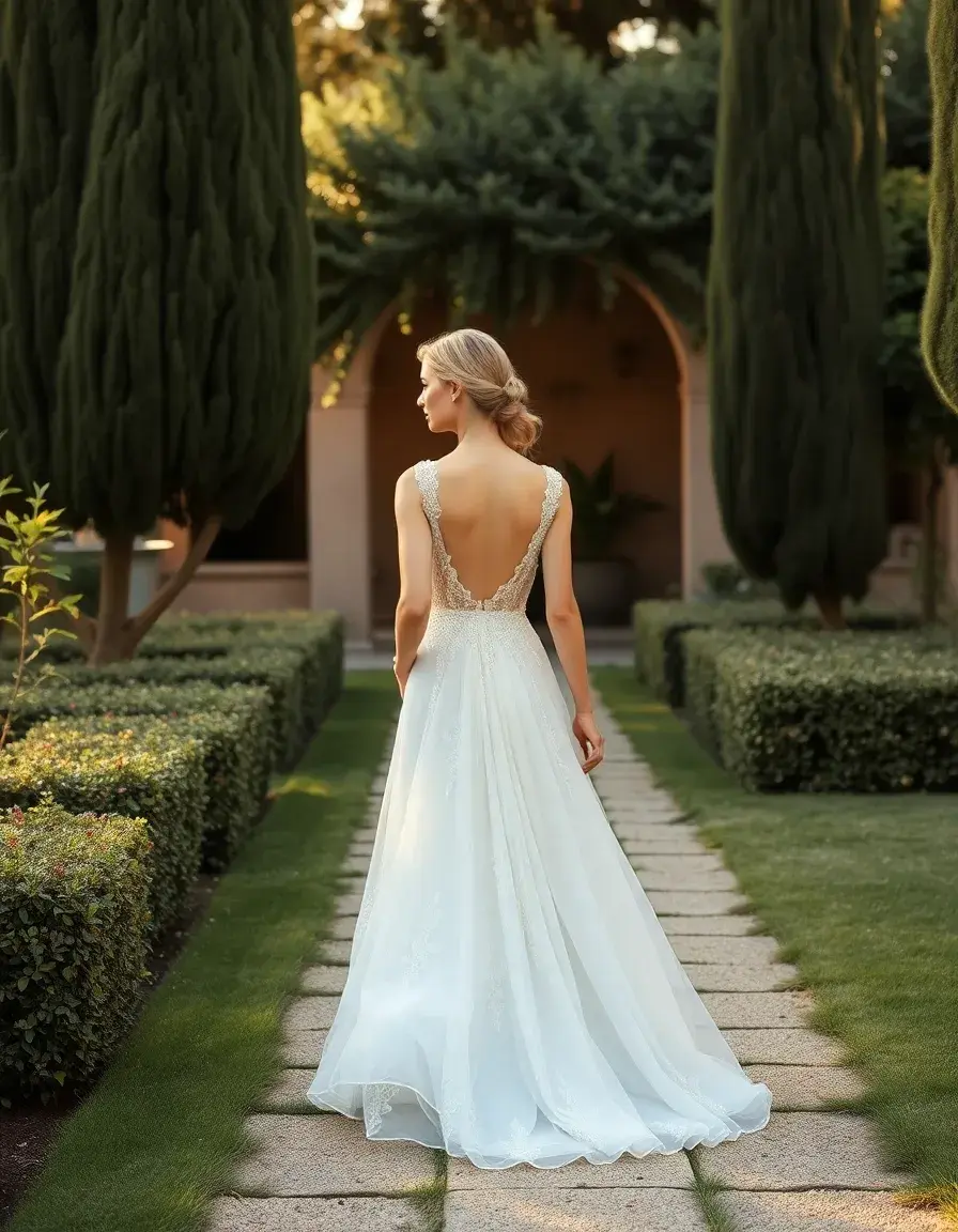 Mujer elegante con vestido midi para invitada de boda en un jardín