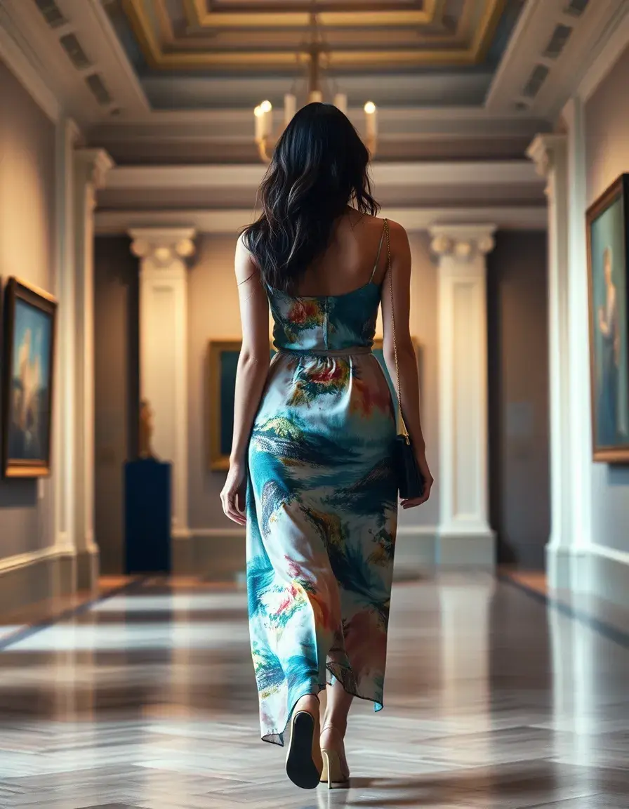 Mujer con vestido de estampado artístico inspirado en la maja vestida en una galería