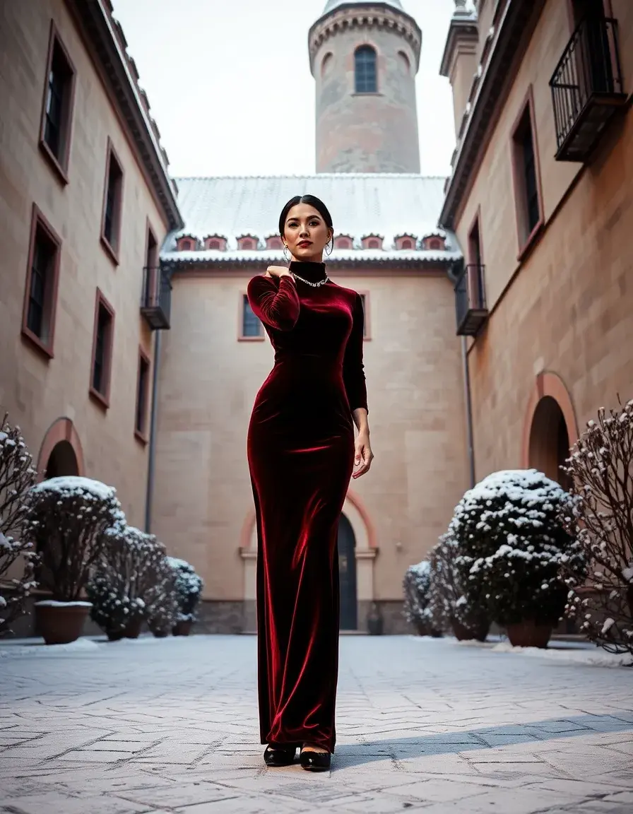 Mujer elegante con vestido invitada boda invierno de terciopelo borgoña en un castillo.