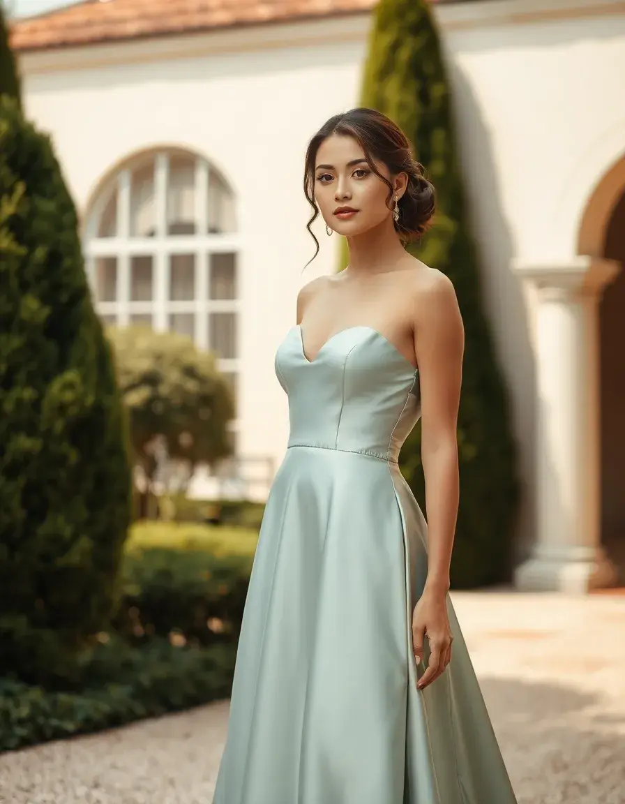 Mujer elegante con vestido palabra de honor en un jardín