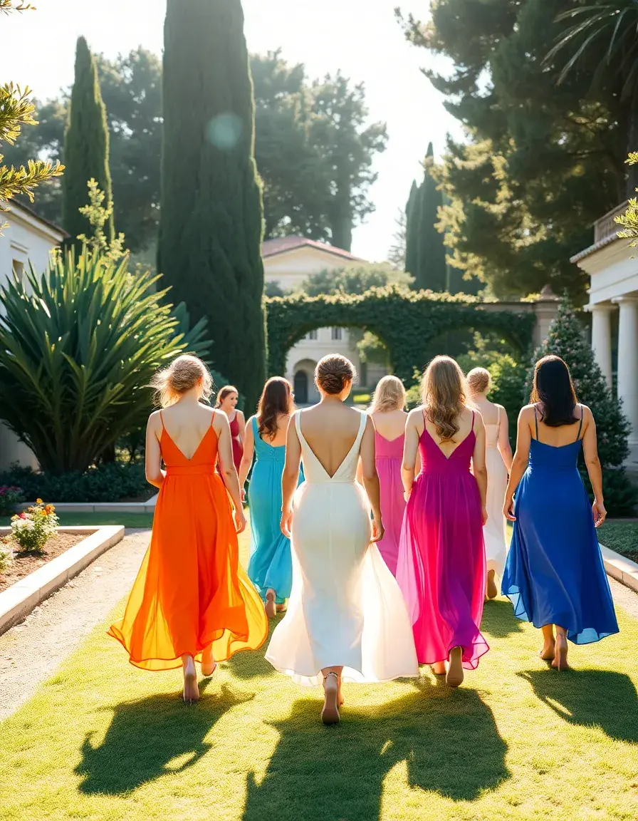 Mujeres elegantes con vestidos boda invitada en un jardín soleado