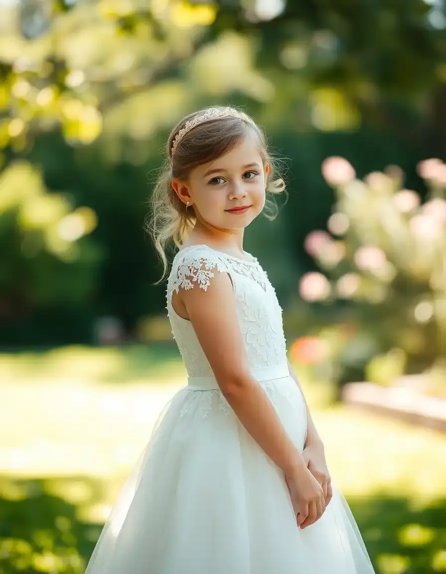 Niña con vestido de comunión de encaje blanco en un jardín soleado