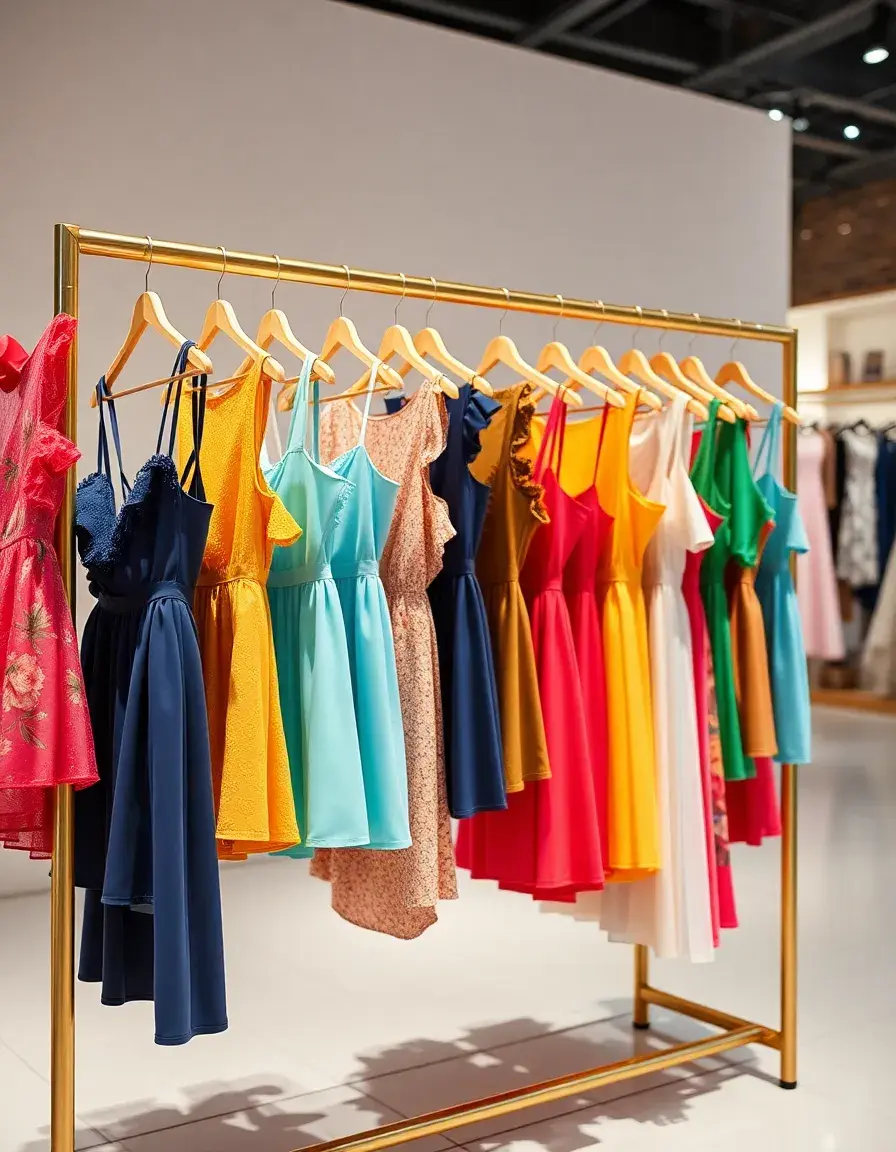 Colección de vestidos cortos elegantes en una boutique moderna con iluminación cálida.