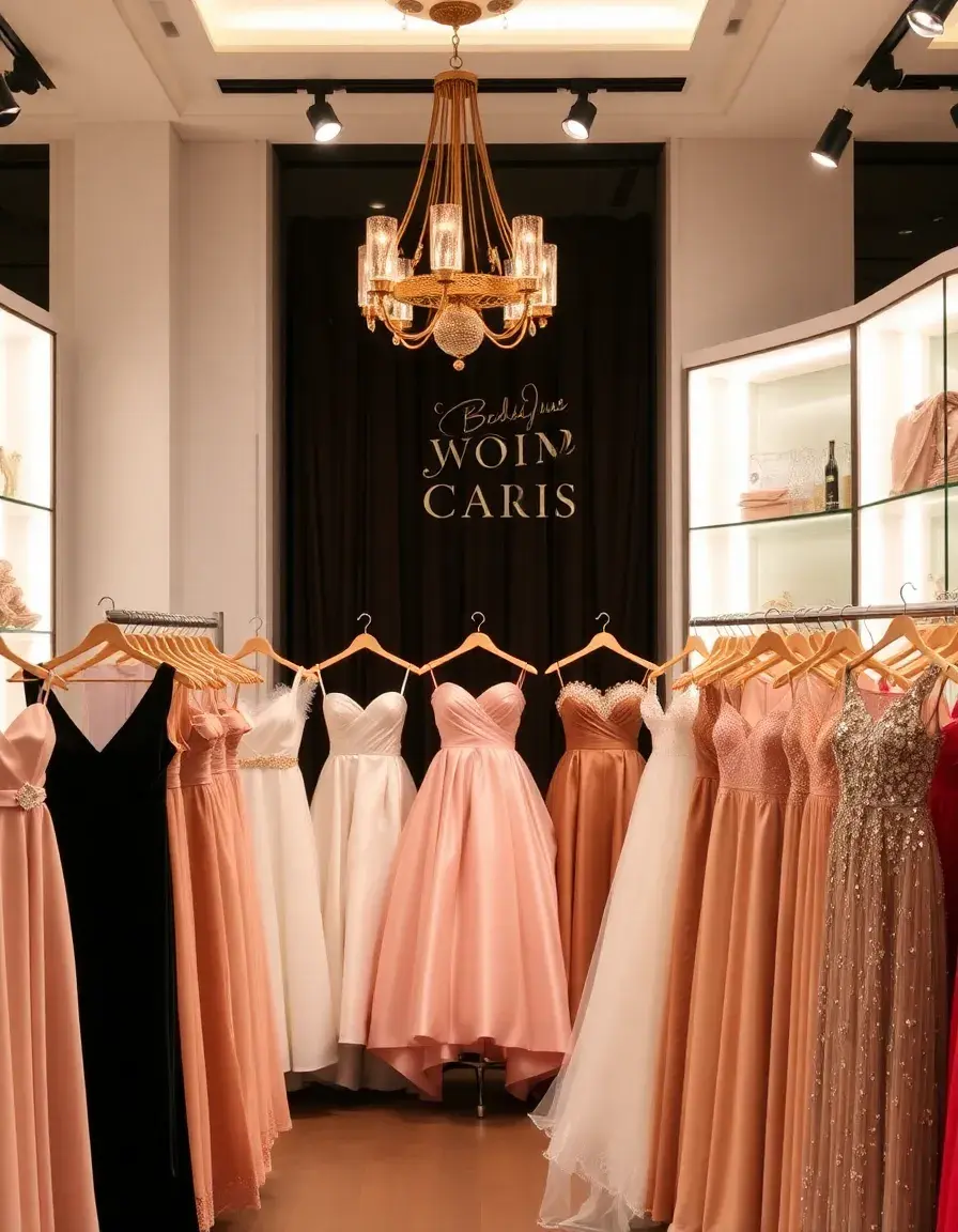 Colección de vestidos de fiesta para bodas elegantes en una boutique moderna