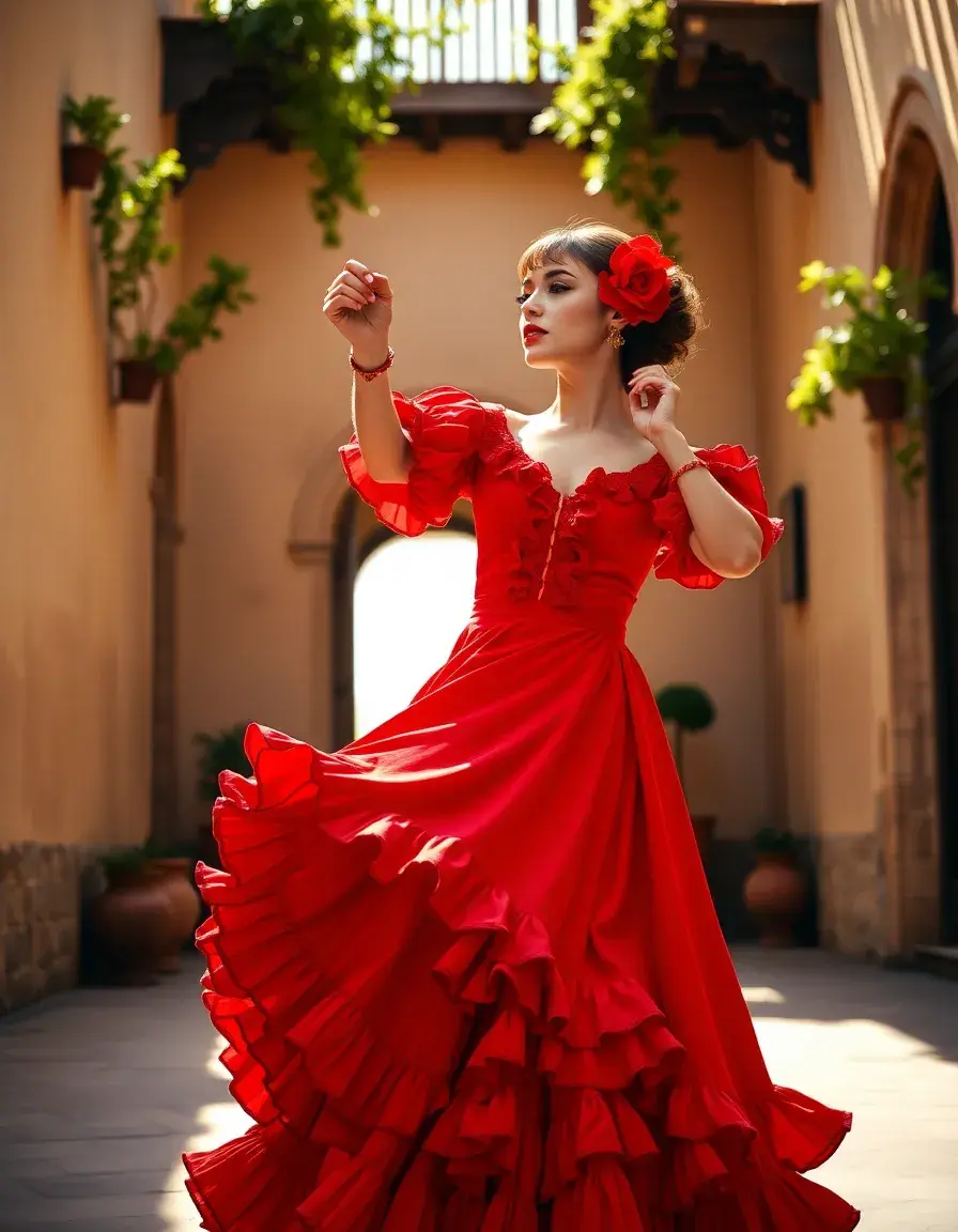 Mujer luciendo un vibrante vestido de flamenca con volantes en un patio español