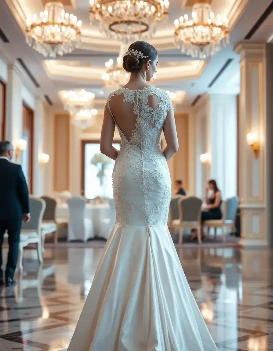Madrina elegante con vestido de encaje y satén en un salón de bodas