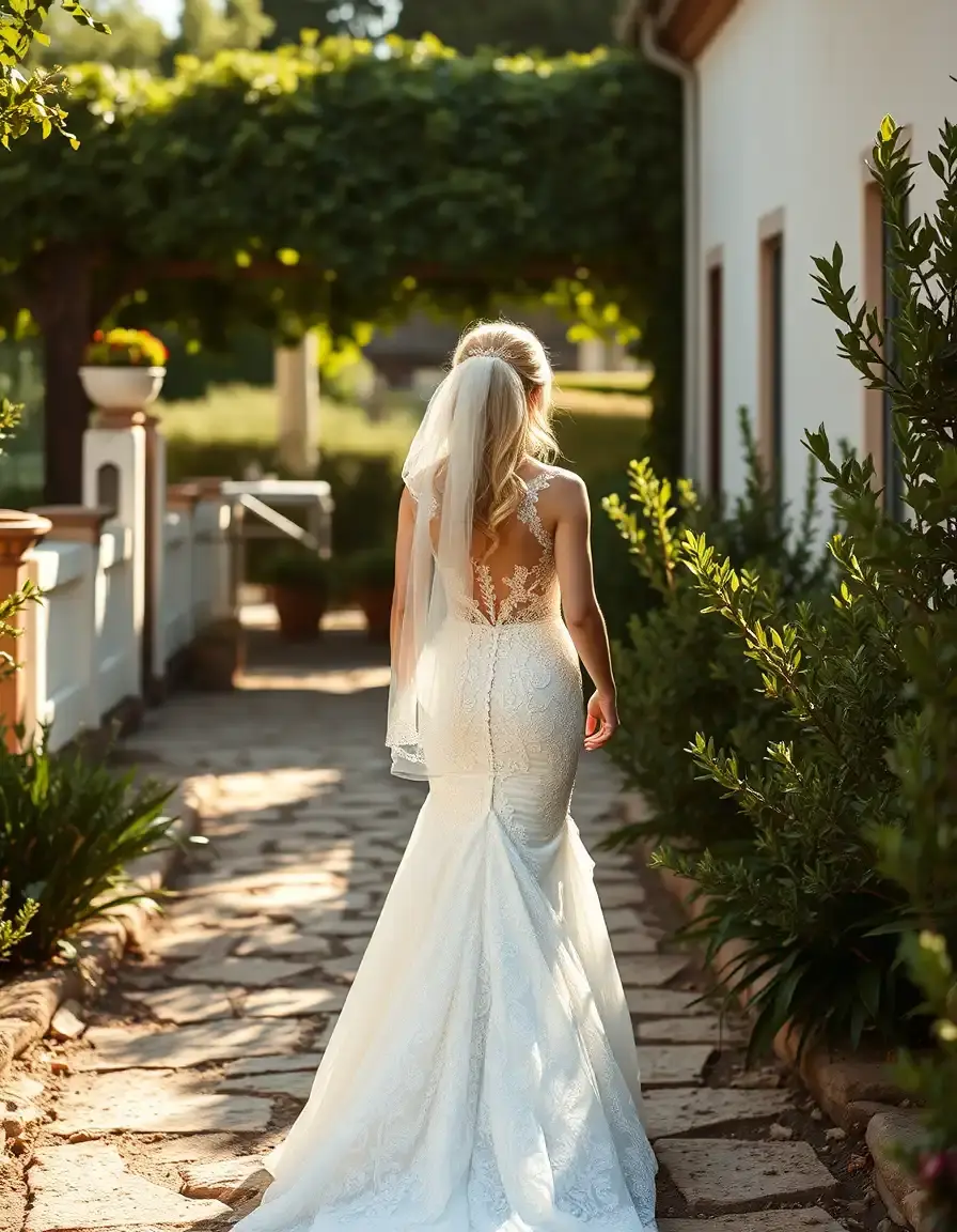 Novia radiante con vestido de encaje blanco en un jardín soleado