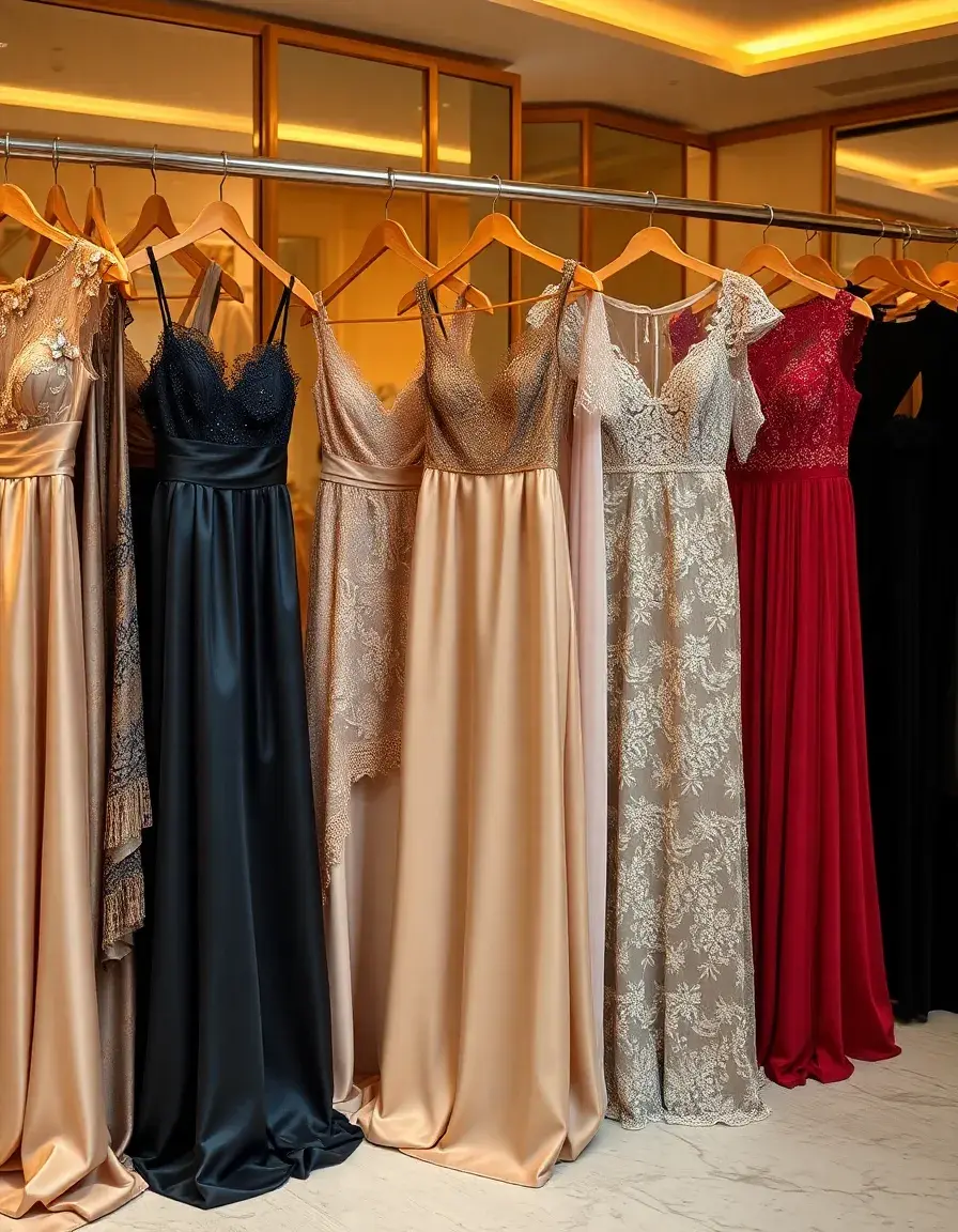 Colección de vestidos elegantes de seda y encaje en una boutique de lujo.