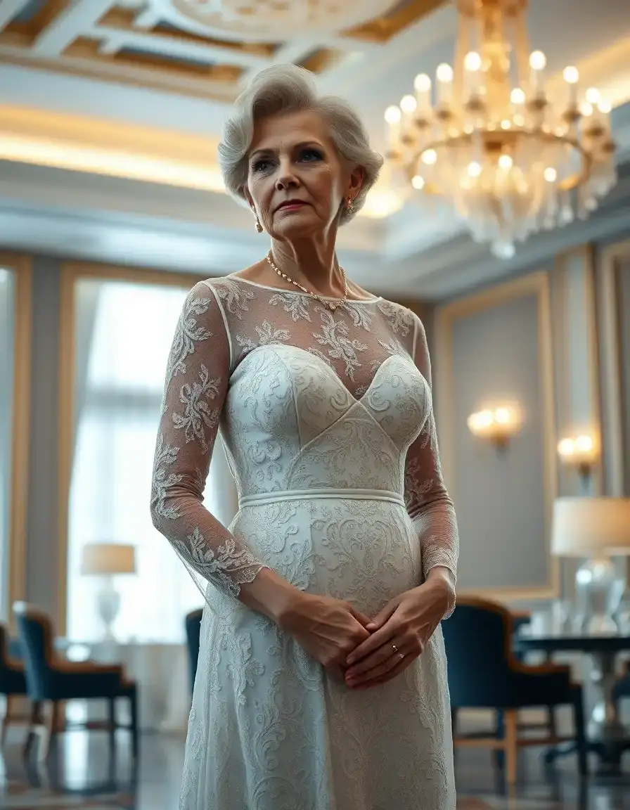 Elegante mujer de 60 años luciendo un vestido de madrina con encaje
