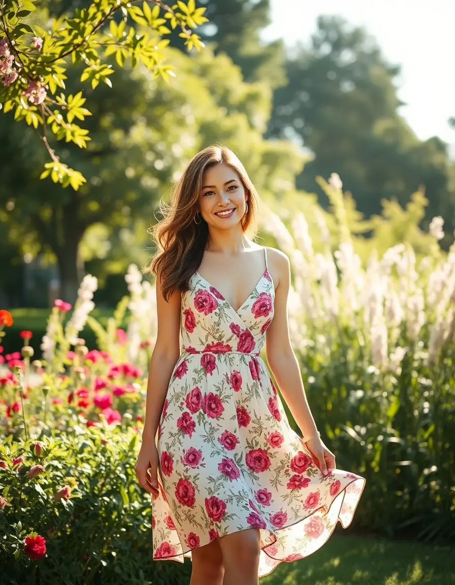 Mujer luciendo un vestido verano mujer estilo floral en un jardín soleado